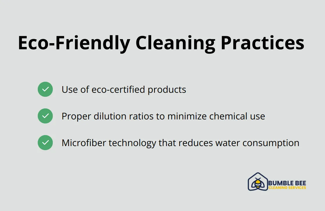 Checklist of three eco-friendly cleaning practices: eco-certified products, proper dilution ratios, and microfiber technology - Janitorial training