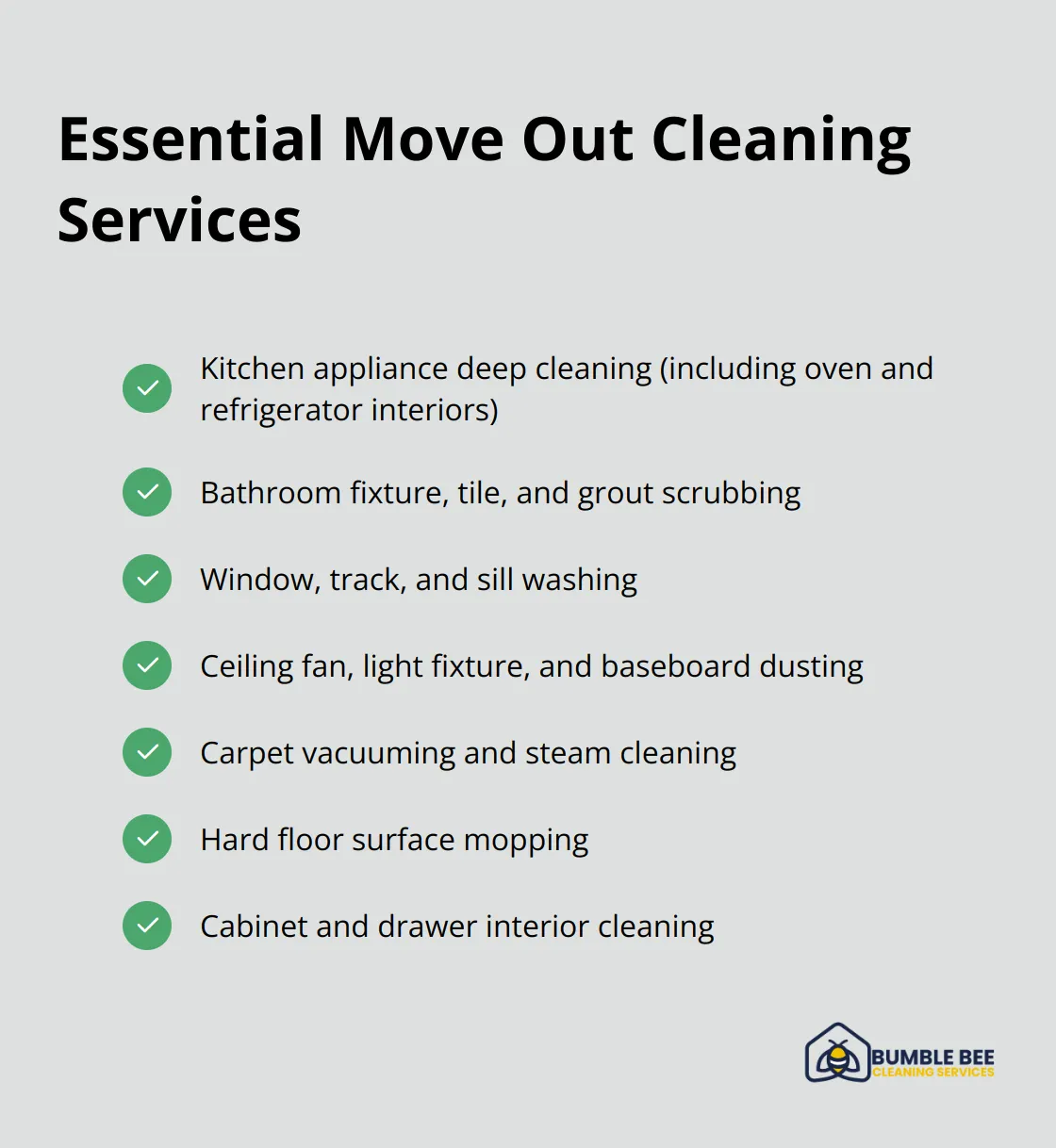 List of essential services included in move out cleaning: kitchen appliance deep cleaning, bathroom fixture scrubbing, window washing, ceiling fan and baseboard dusting, carpet cleaning, hard floor mopping, and cabinet interior cleaning - Move out cleaning service