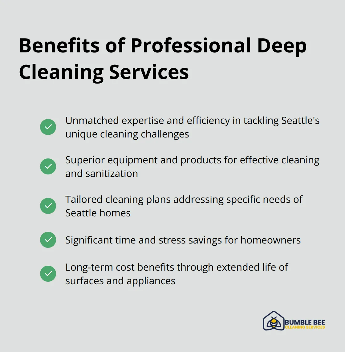 Checkmark list showing the advantages of professional deep cleaning services - Home transformation