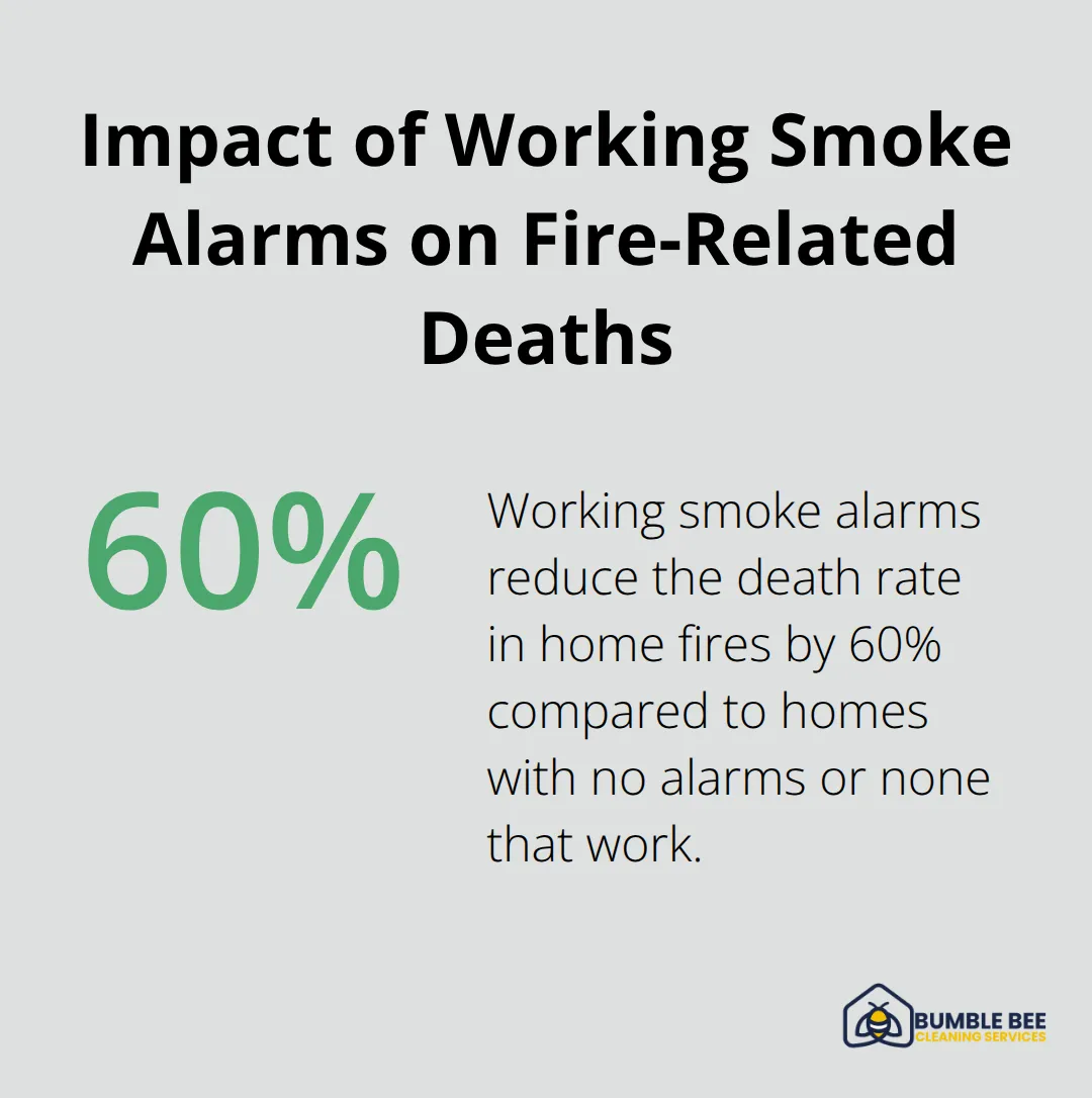 A percentage chart showing that working smoke alarms reduce the death rate in home fires by 60% compared to homes with no alarms or none that work.