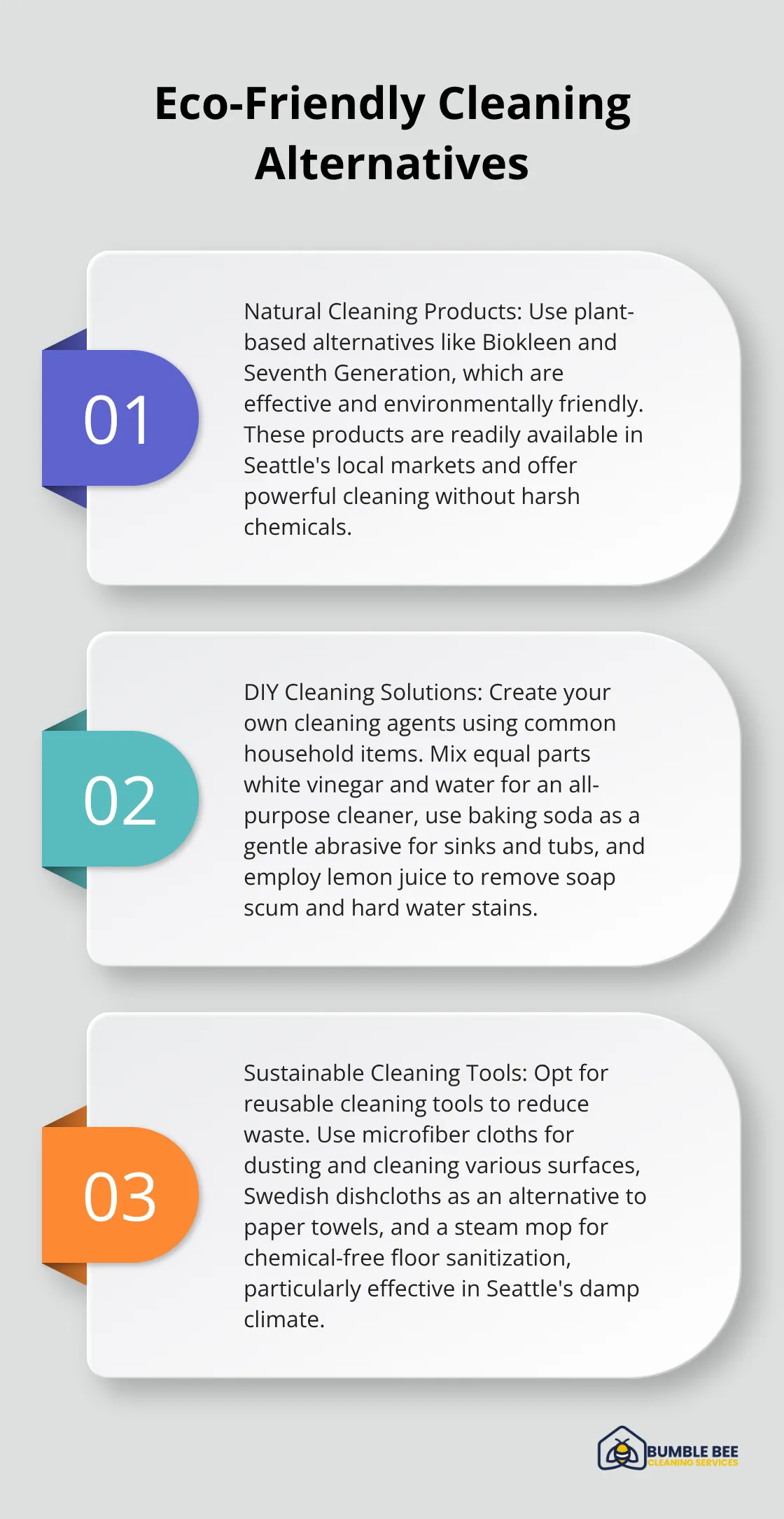An ordered list chart showing three eco-friendly cleaning alternatives: natural cleaning products, DIY solutions, and sustainable cleaning tools. - Cleaning lifestyle