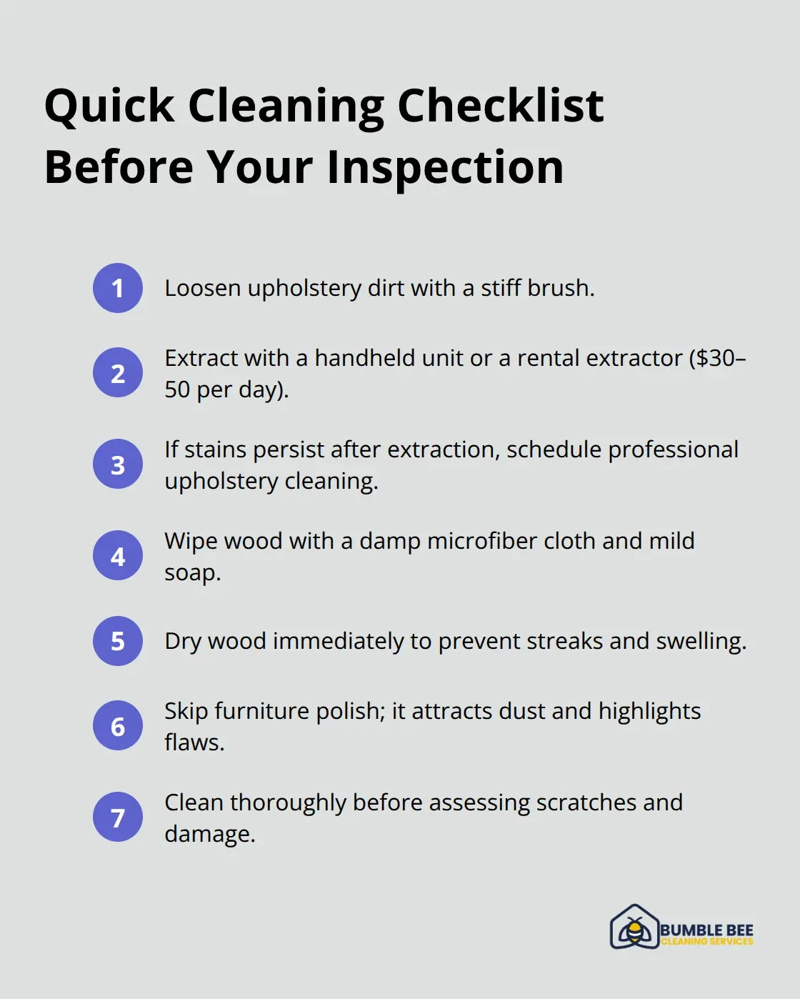 Compact checklist of upholstery and wood cleaning steps to prepare furniture for inspection.