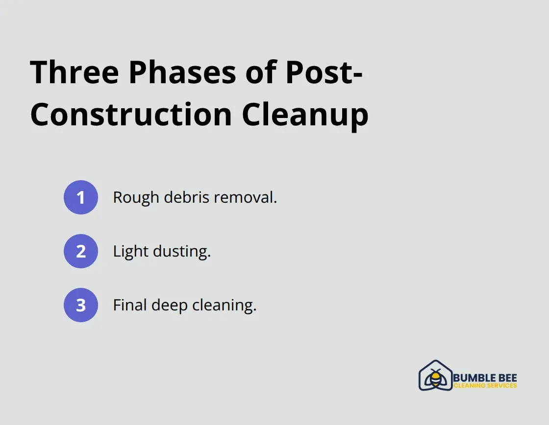 Ordered list of the three phases: rough debris removal, light dusting, and final deep cleaning.