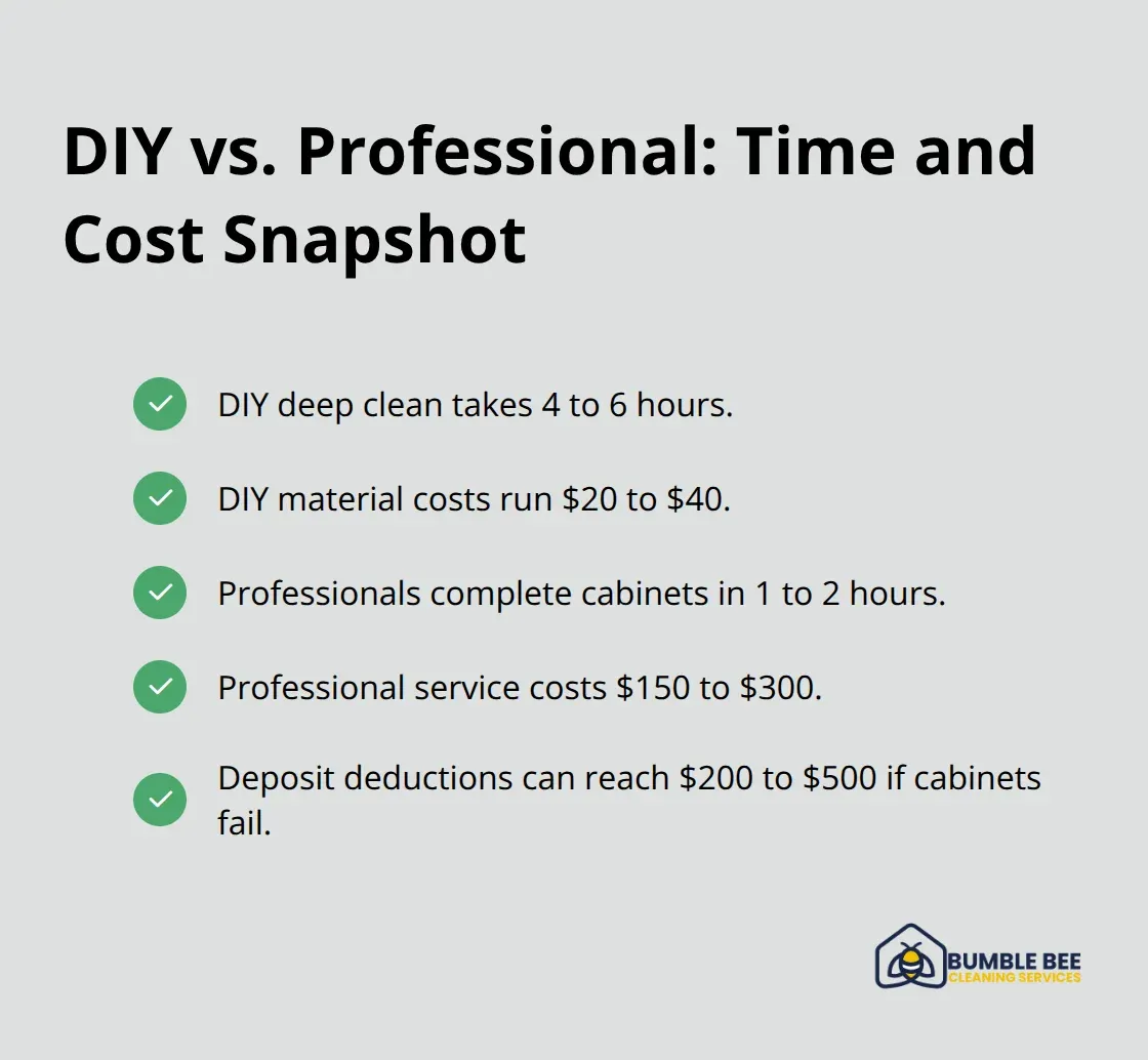 Checklist comparing DIY and professional cabinet cleaning time and costs - Cabinet interiors